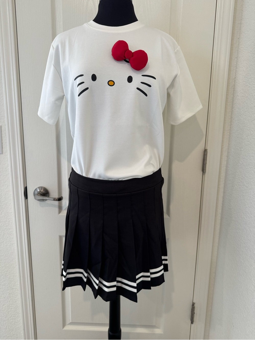Hello Kitty White Tee with Red Bow and Pleated Skirt